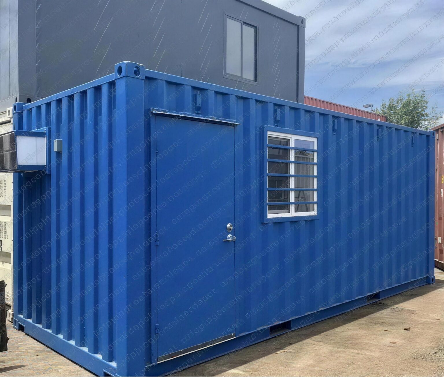 Blue container office with man door and window