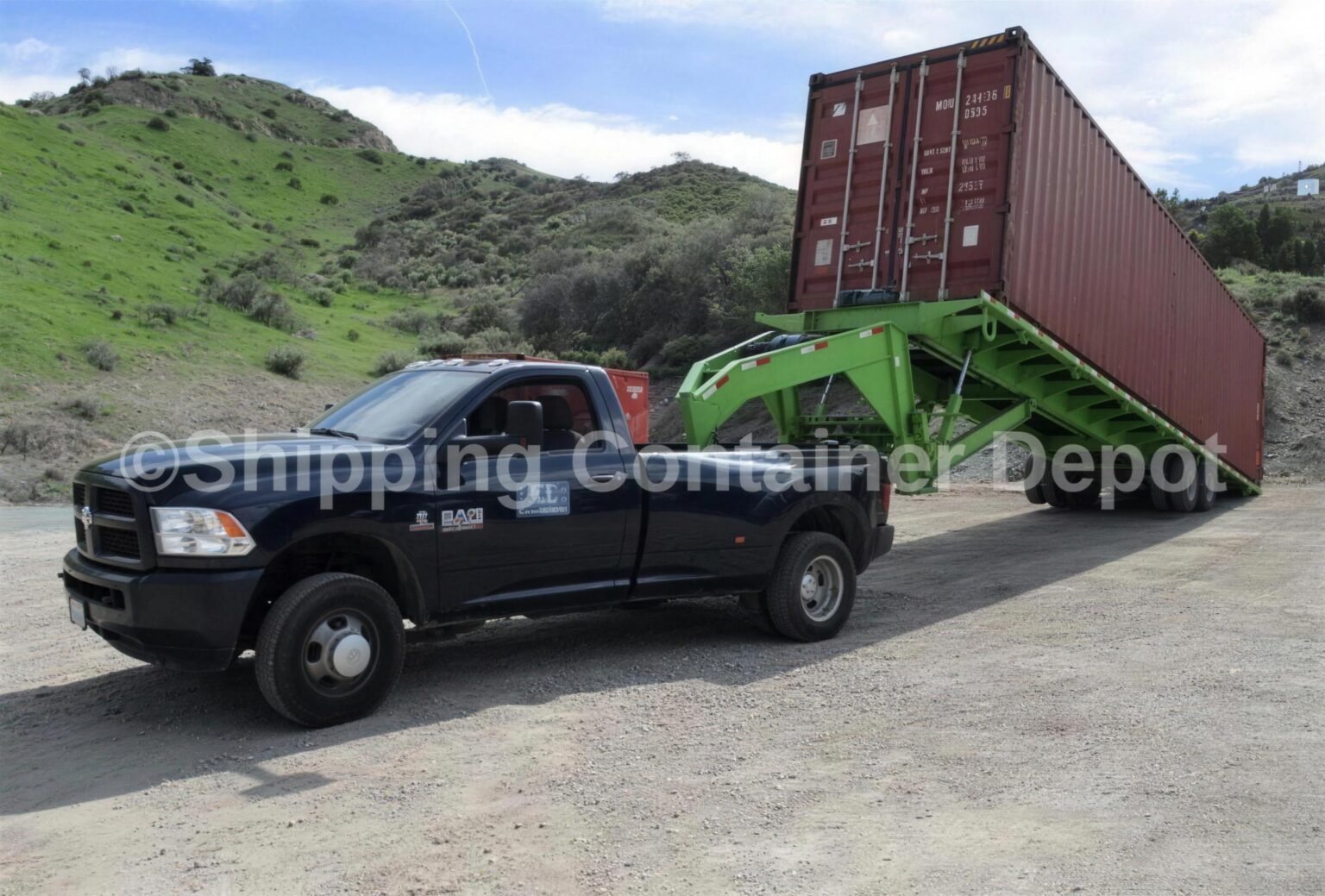 Shipping Container Depot truck delivering a used shipping container