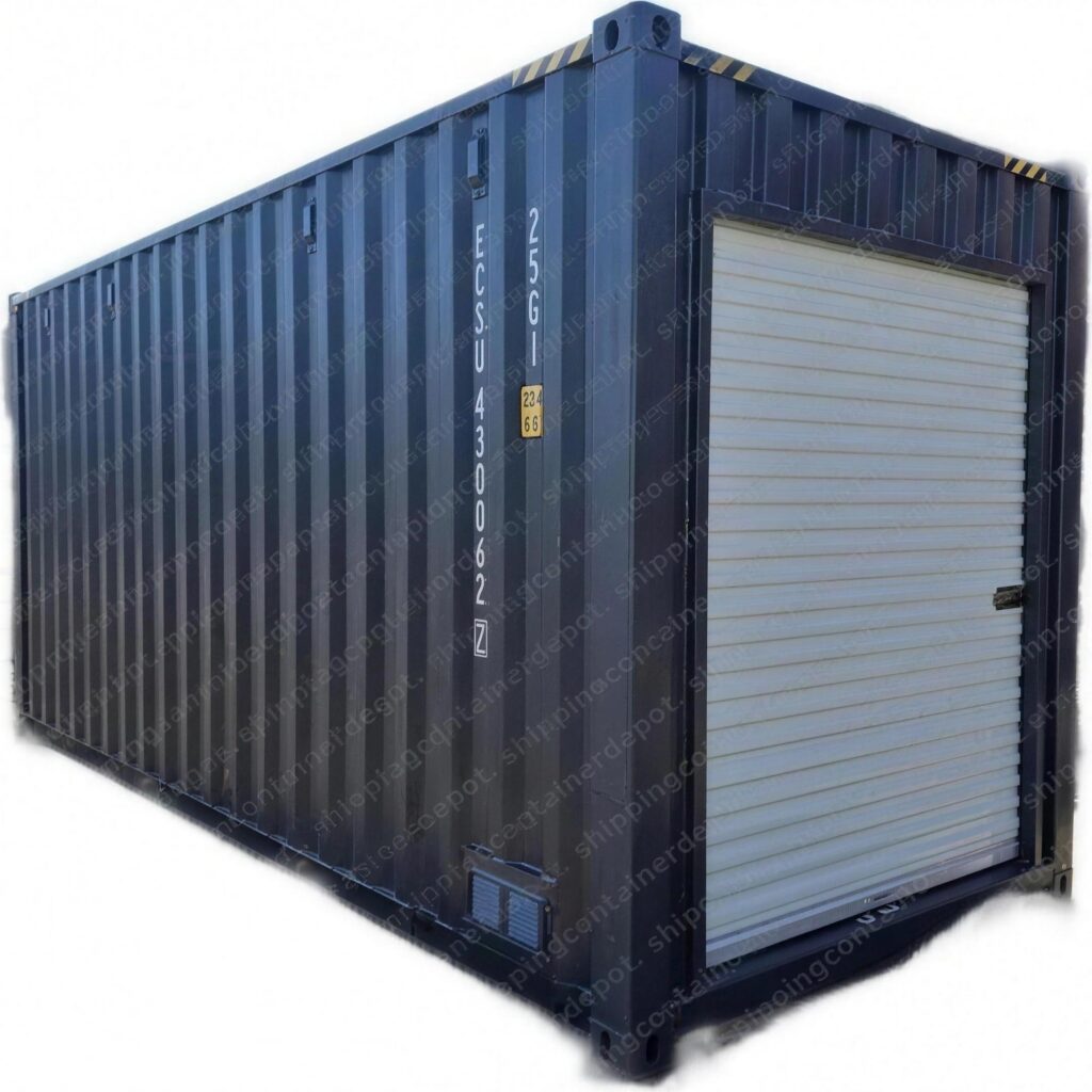 Navy shipping container with roll-up door